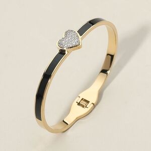 Black CZ Stone Heart Stainless Steel Bangle Bracelet Jewelry Hinged